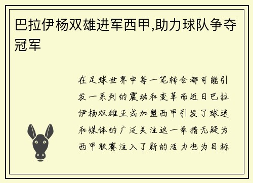 巴拉伊杨双雄进军西甲,助力球队争夺冠军